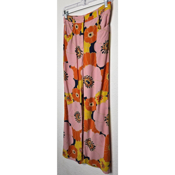 Zara Womens Pants Small Orange Pink Floral Flared Leg High Rise Retro BLOG FAVE - Picture 4 of 16